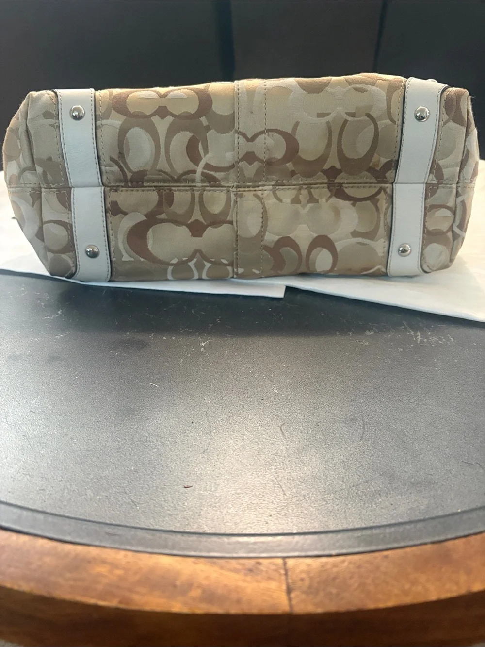 COACH Pearl White & Beige in Signature Canvas and Leather CARLY Hobo